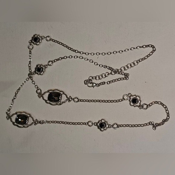 Brighton Silver Tone London Blue Topaz Glass Black Onyx Glass 42" Chain Necklace - Picture 11 of 15